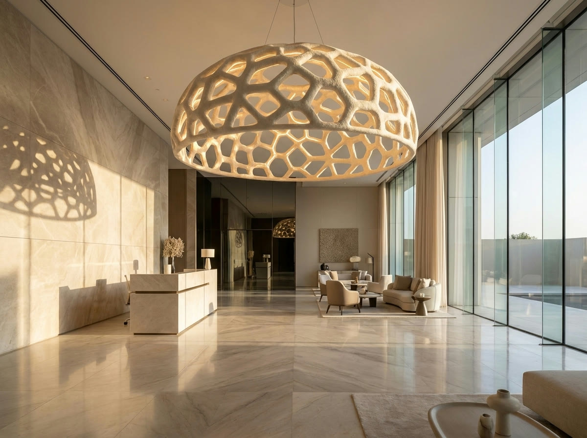 Mushroomiya lamp casting a patterned glow across a reception interior