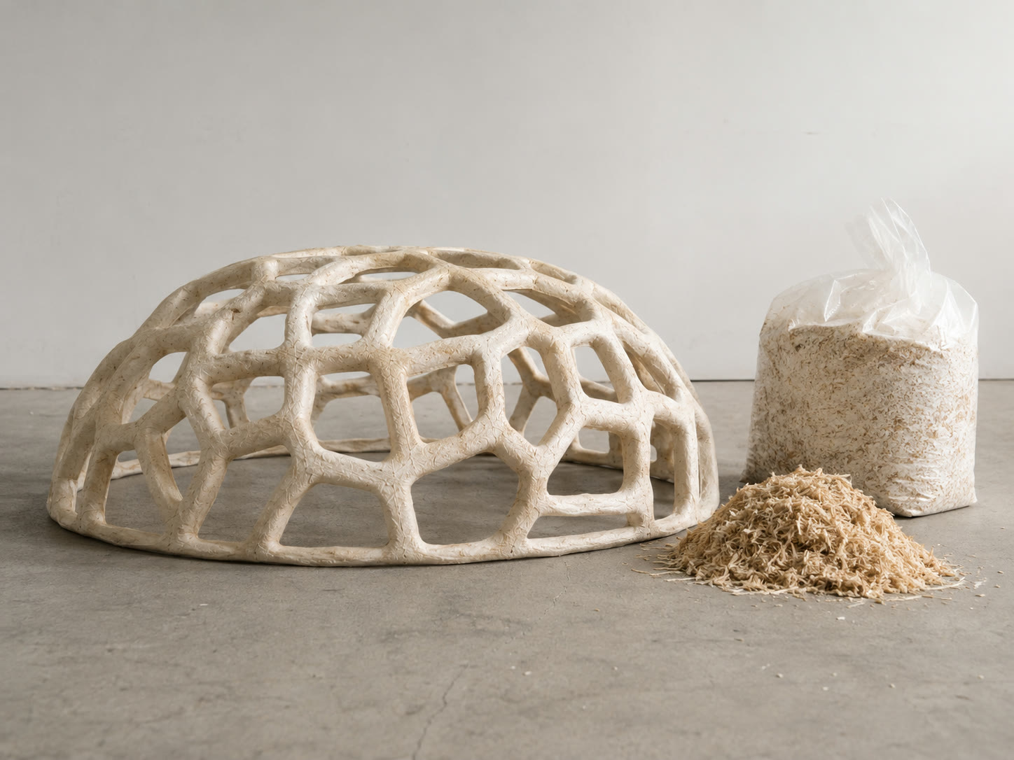 Mushroomiya shell shown with feedstock and inoculated material