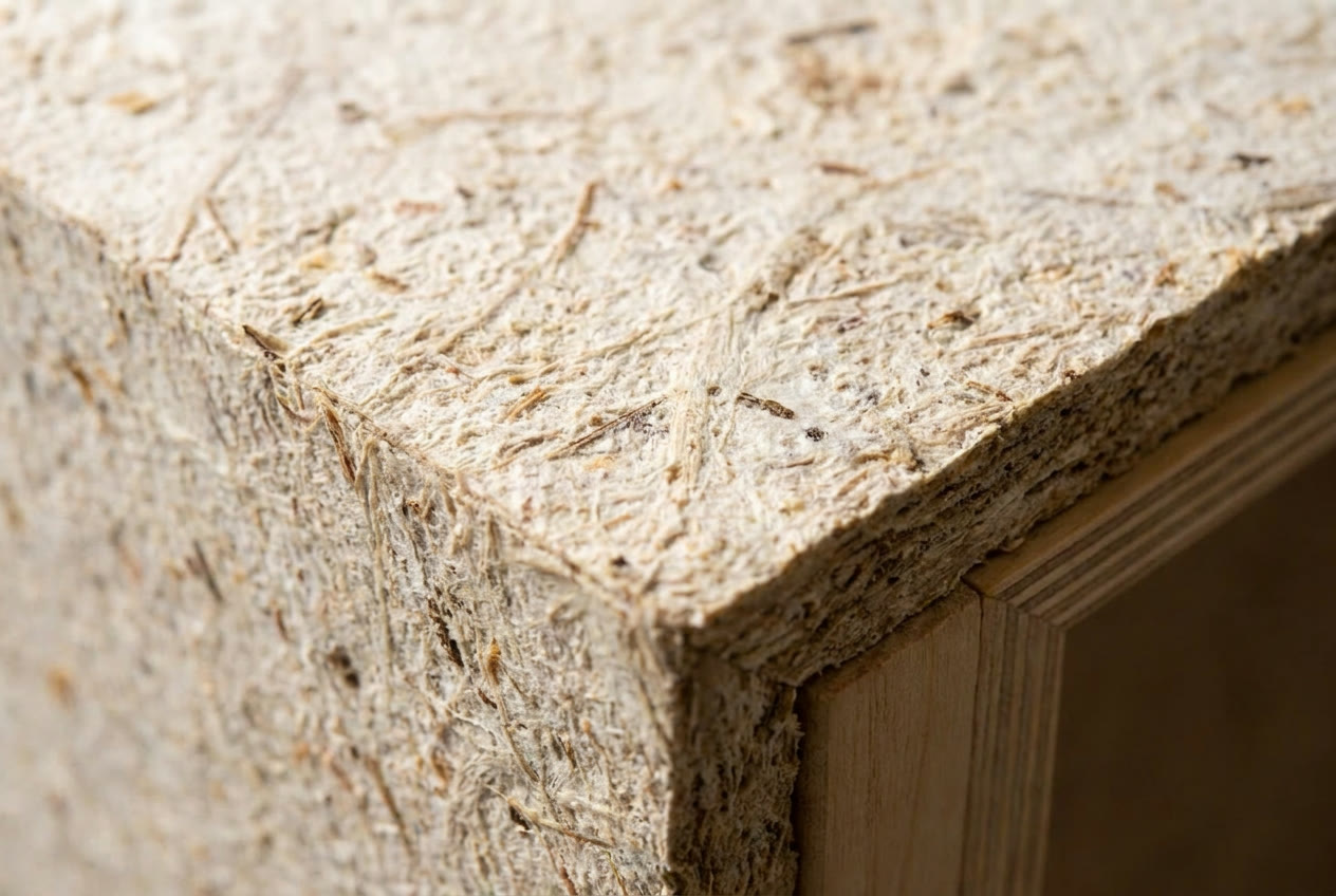 Pressed mycelium board close-up — surface texture and cross-section detail