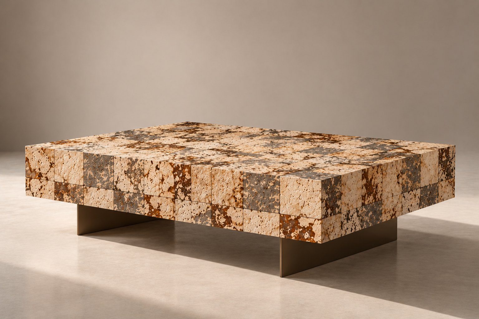 Low table clad in grown veneer tiles on all faces