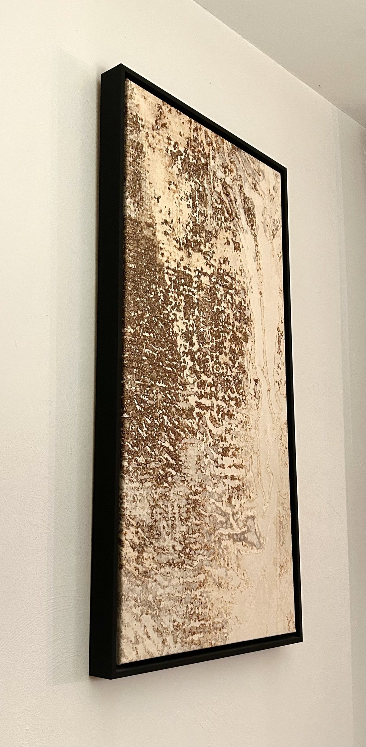 Tall Fungal Art Series work in a slim black frame, dark grown texture