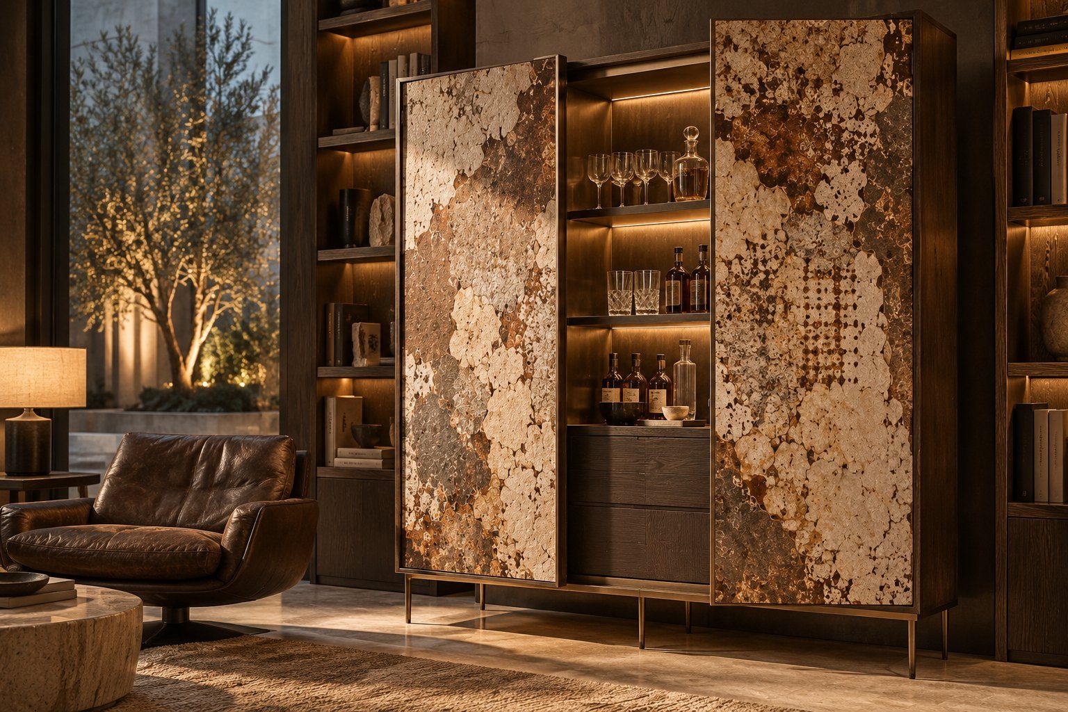 Tall cabinet with two grown veneer plate doors open onto a lit bar