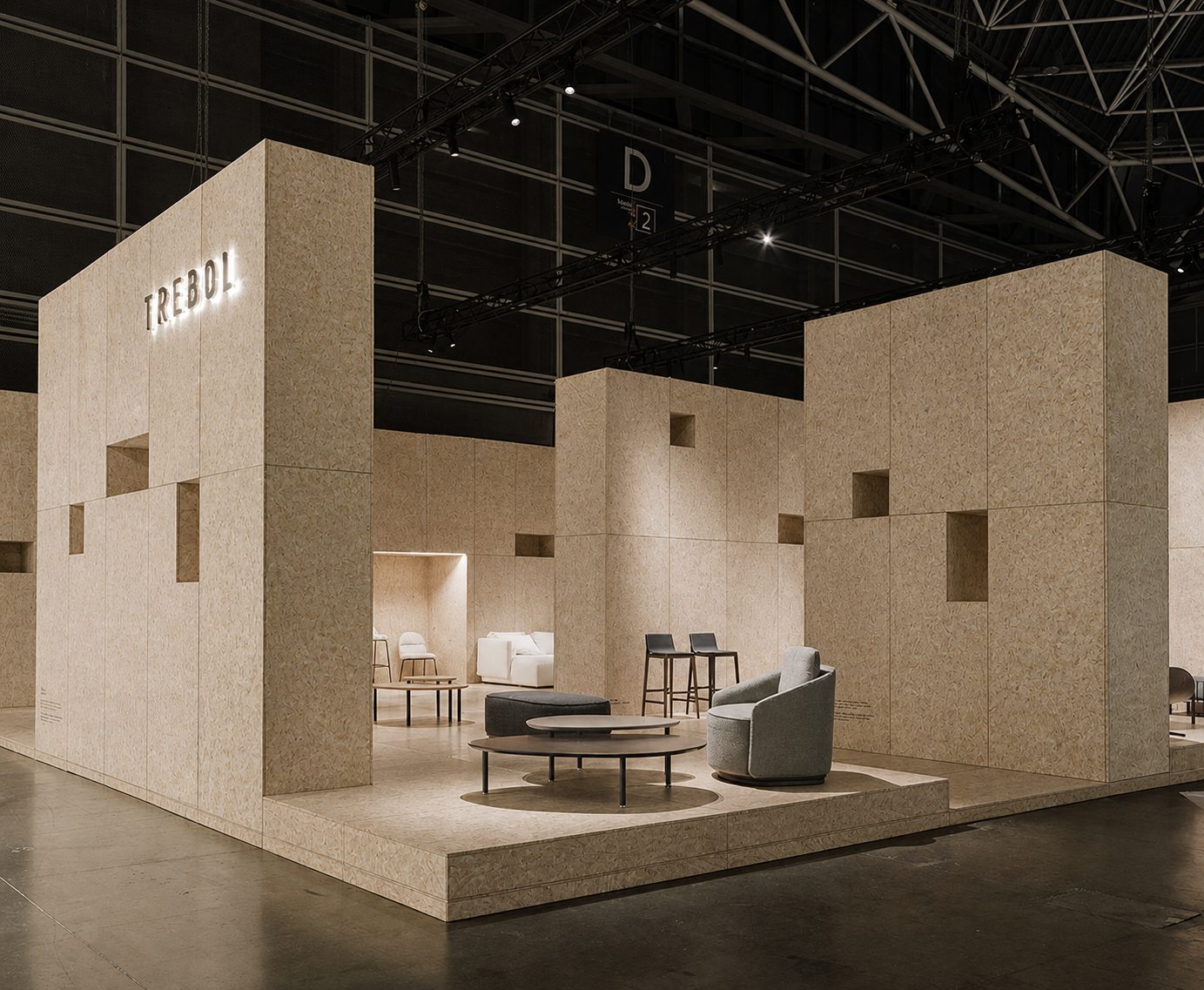Exhibition booth built from pressed mycelium board