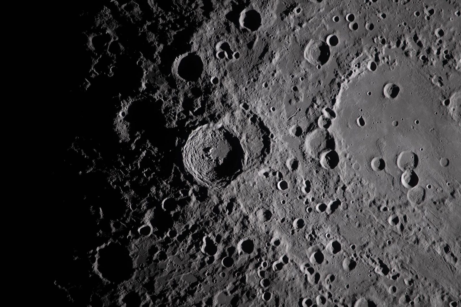 Vavilov Crater on the far side of the Moon in low-angle light