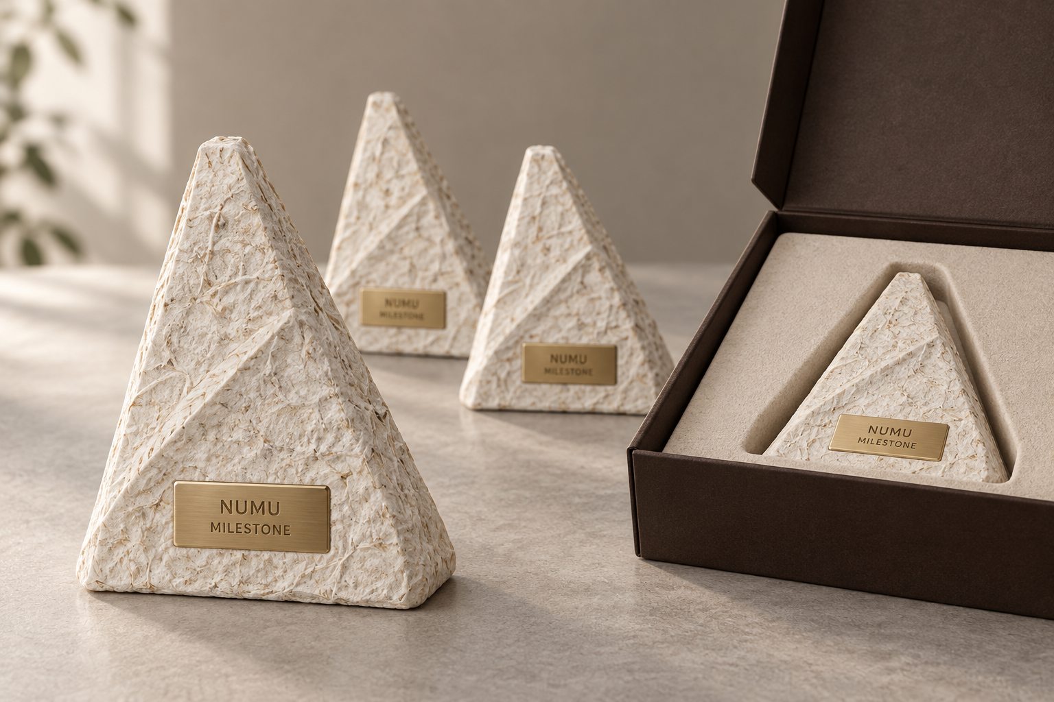 Triangular grown milestone pieces with engraved brass plates and a fitted box