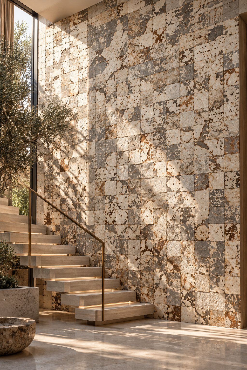 A double-height stair wall clad in 20 × 20 cm grown veneer tiles