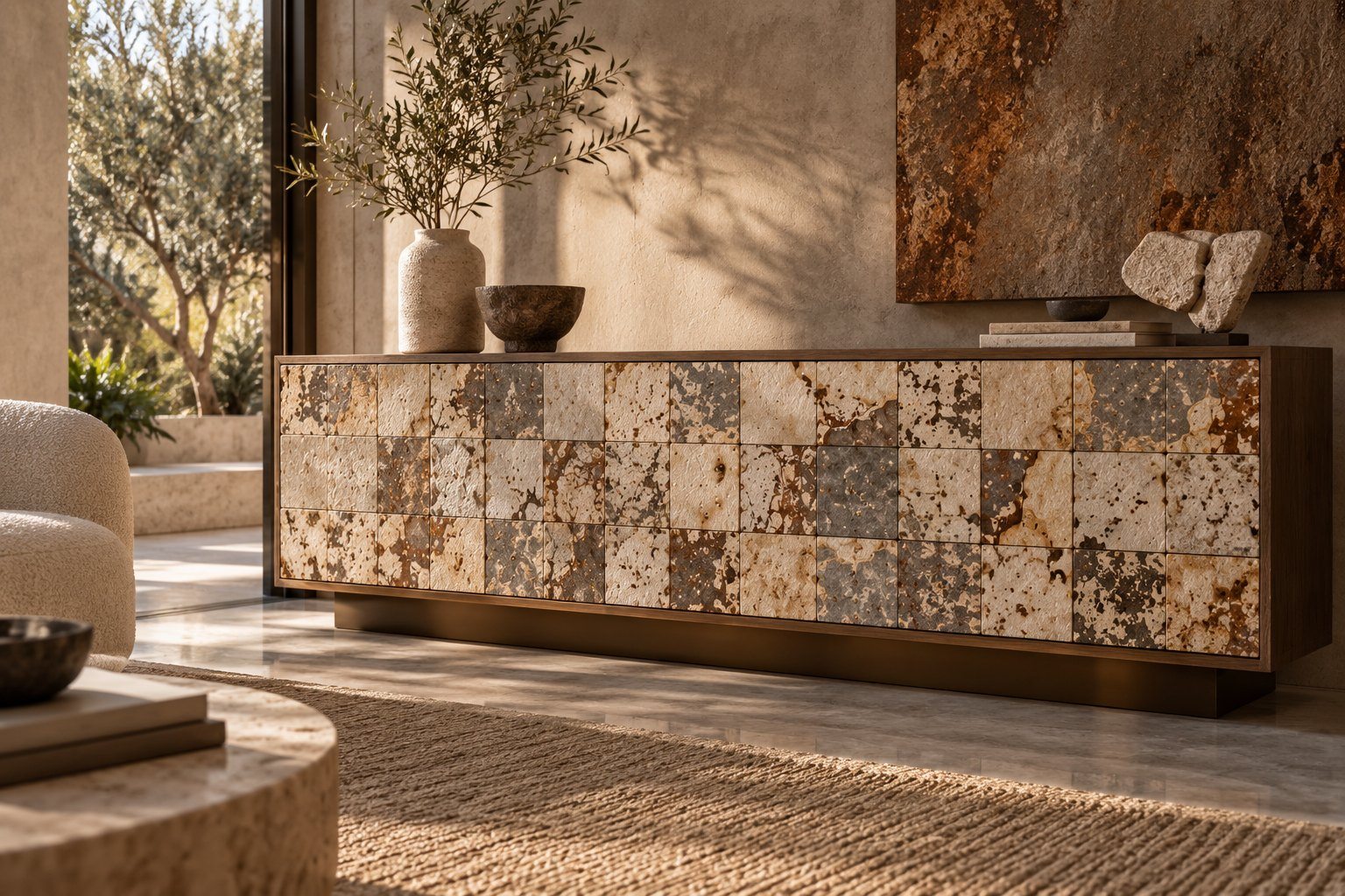 Grown veneer tile sideboard in a sunlit living room