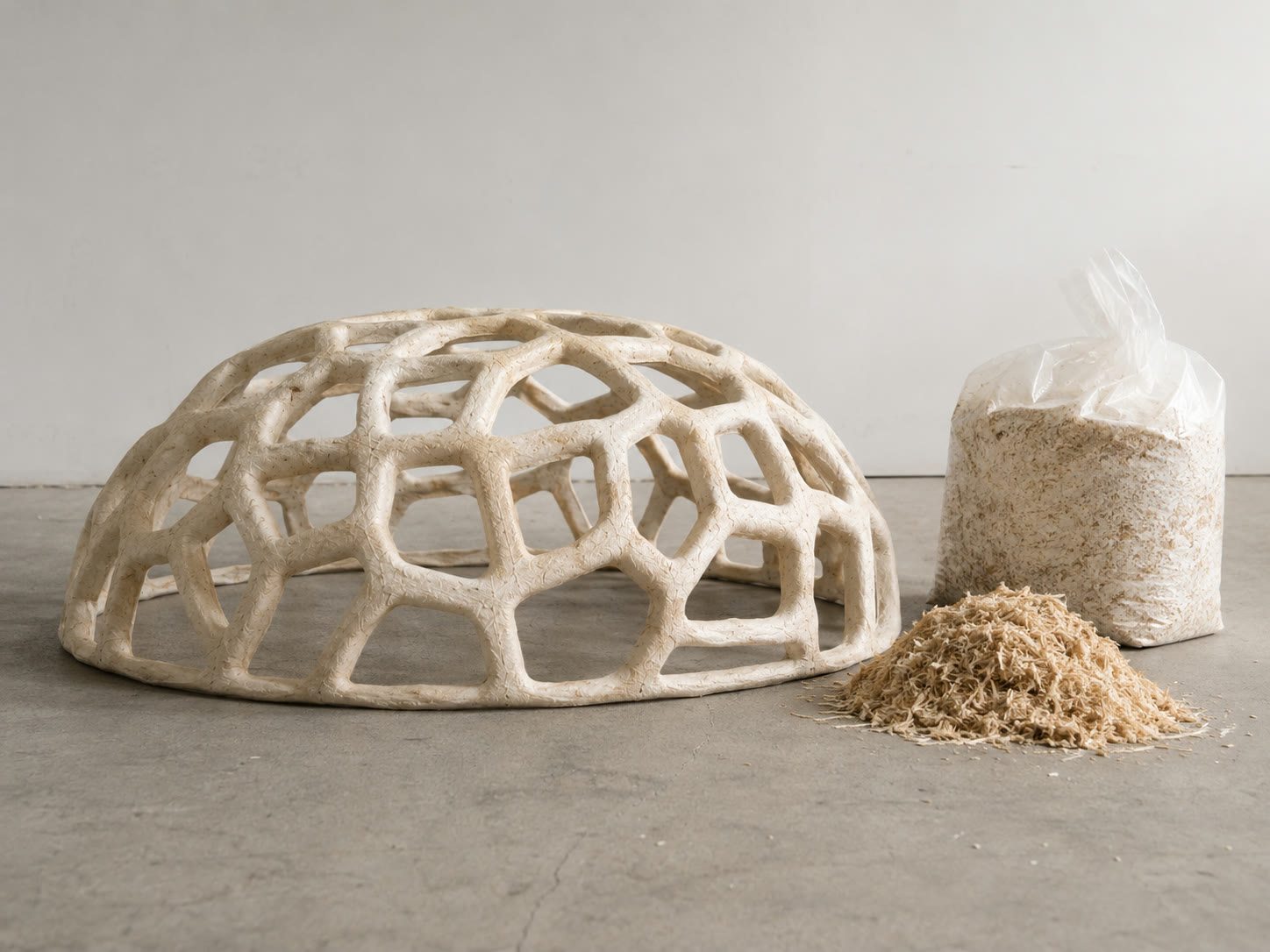 Mushroomiya shell beside palm fibre and inoculated substrate