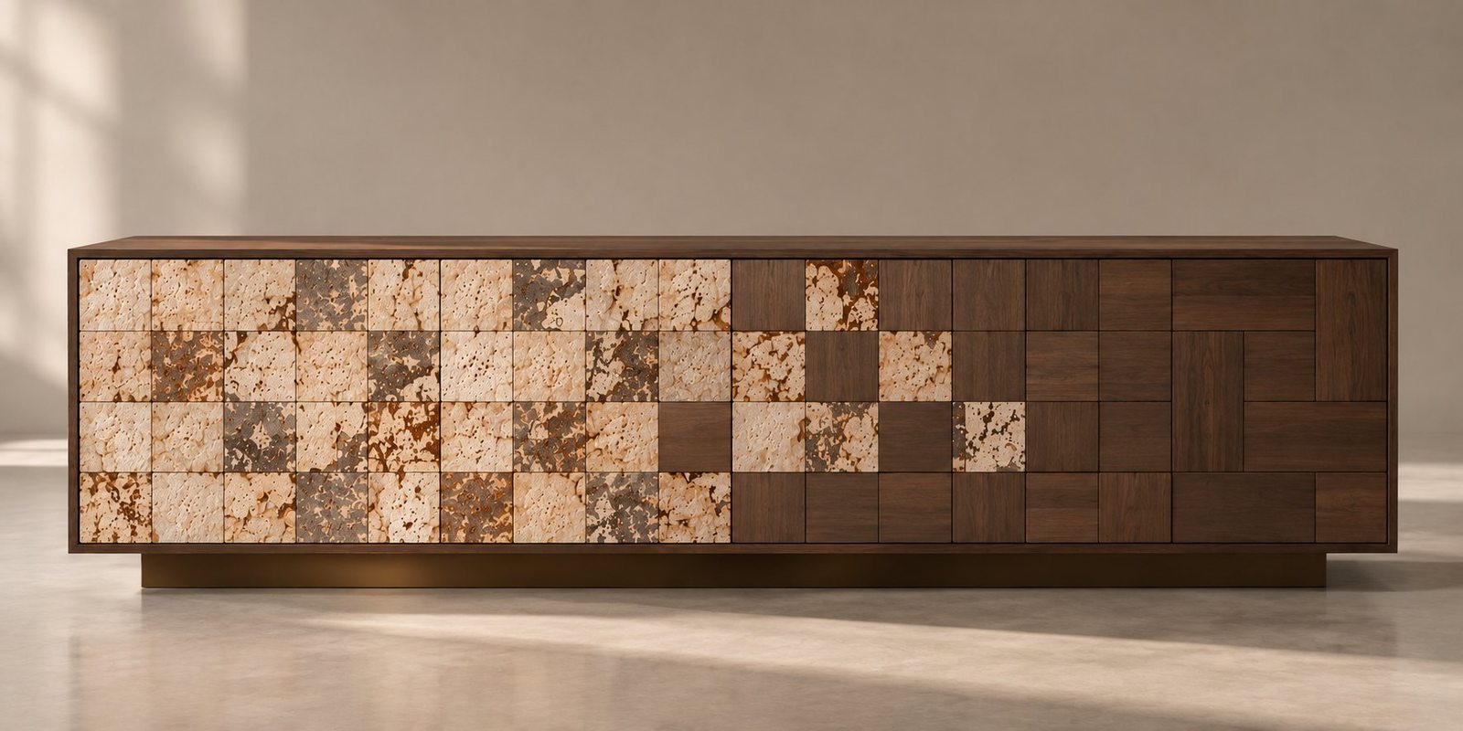 Sideboard front where grown veneer tiles dissolve into walnut panels