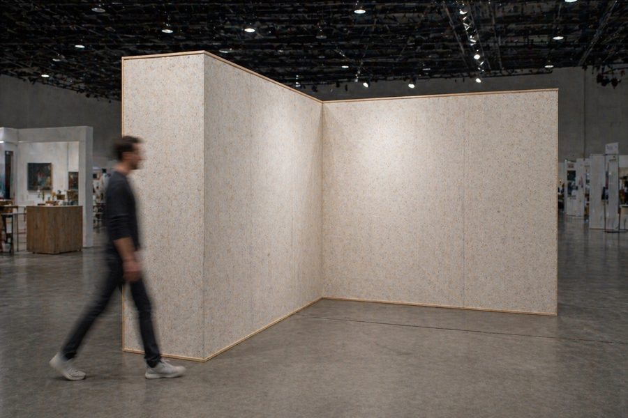 Pressed board panels assembled into a booth