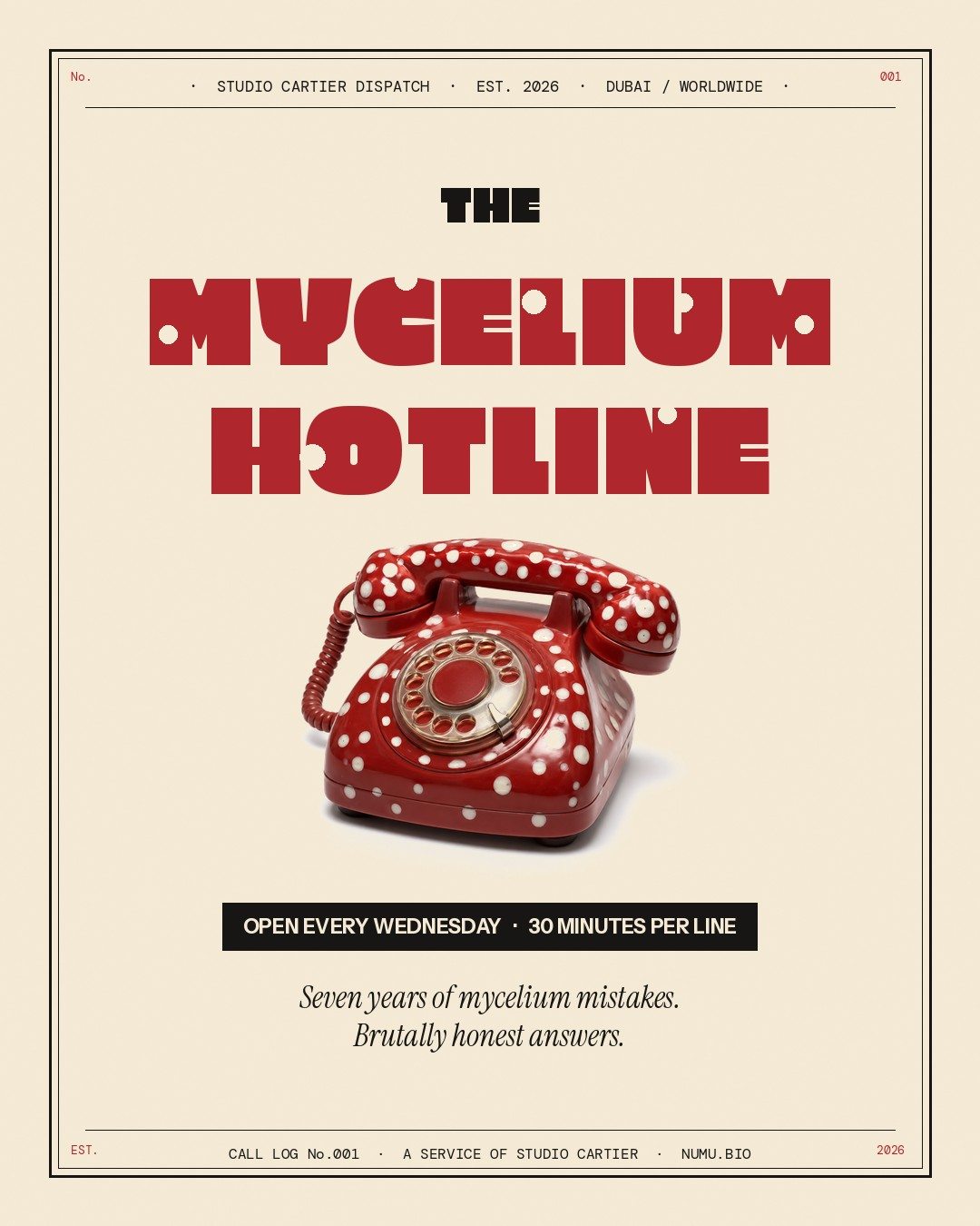 The Mycelium Hotline poster: a red polka-dot rotary telephone, open every Wednesday, 30 minutes per line