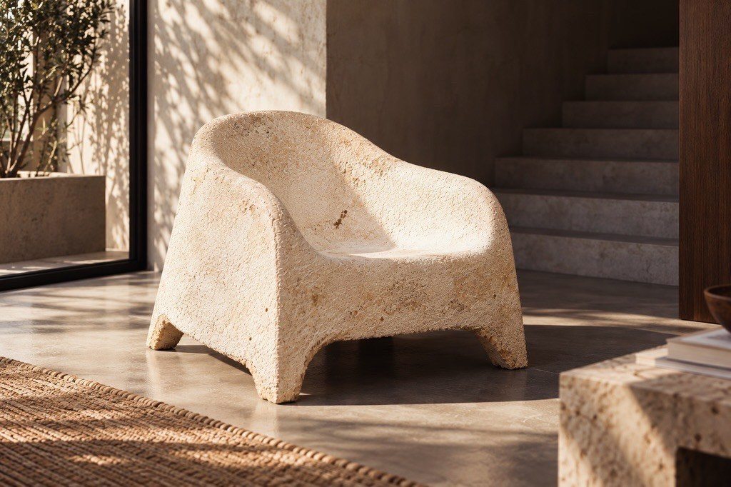 The grown lounge chair by a staircase in a stone interior