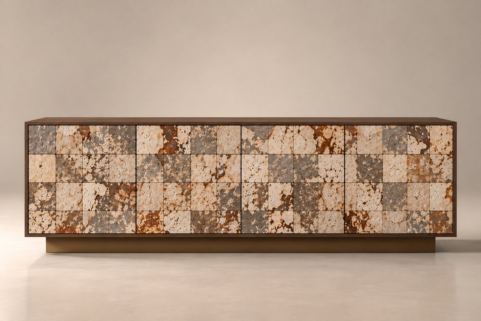 Long walnut sideboard with a front of 20 × 20 cm grown veneer tiles on a bronze plinth