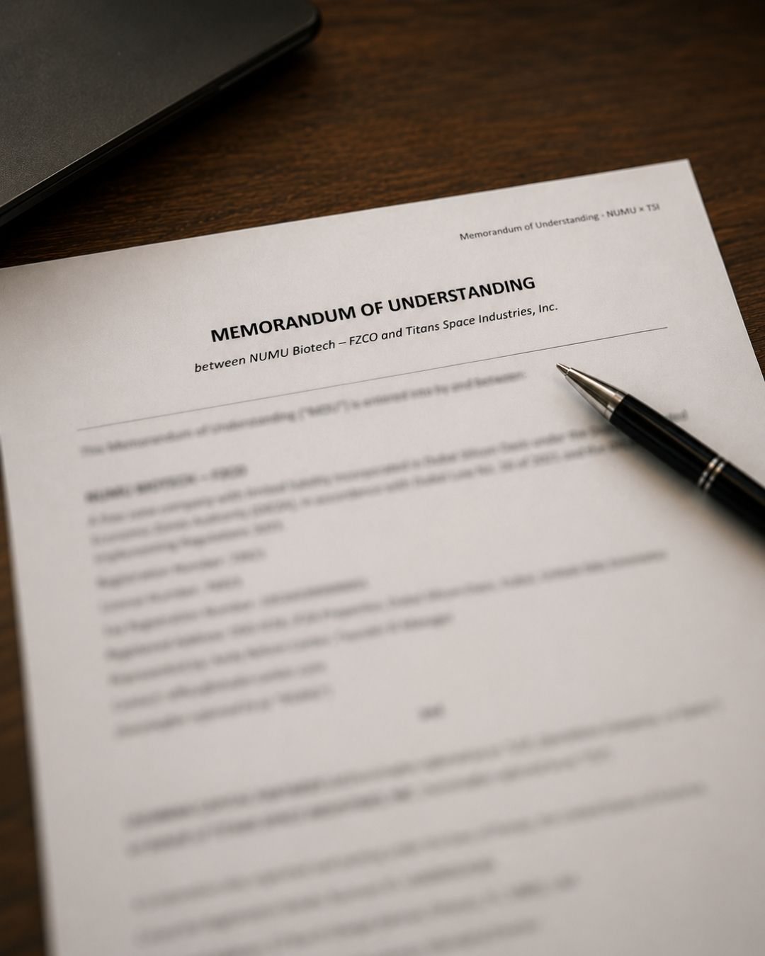 The first page of the memorandum of understanding between NUMU Biotech FZCO and Titans Space Industries