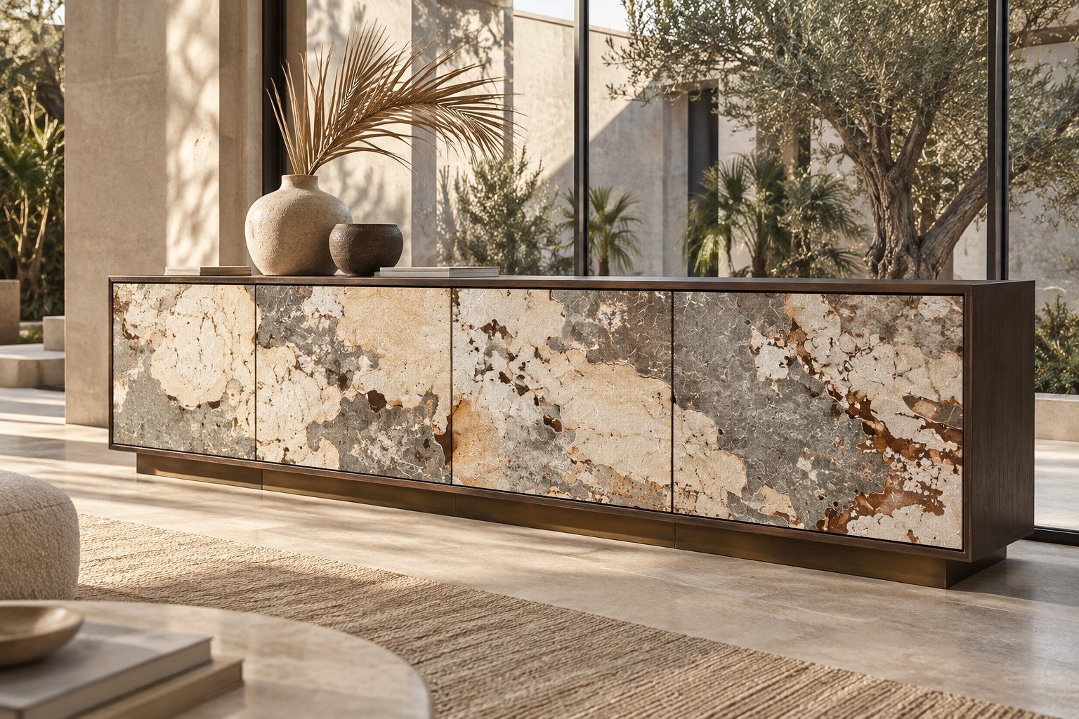 Sideboard with four continuous grown veneer plate doors in a garden room
