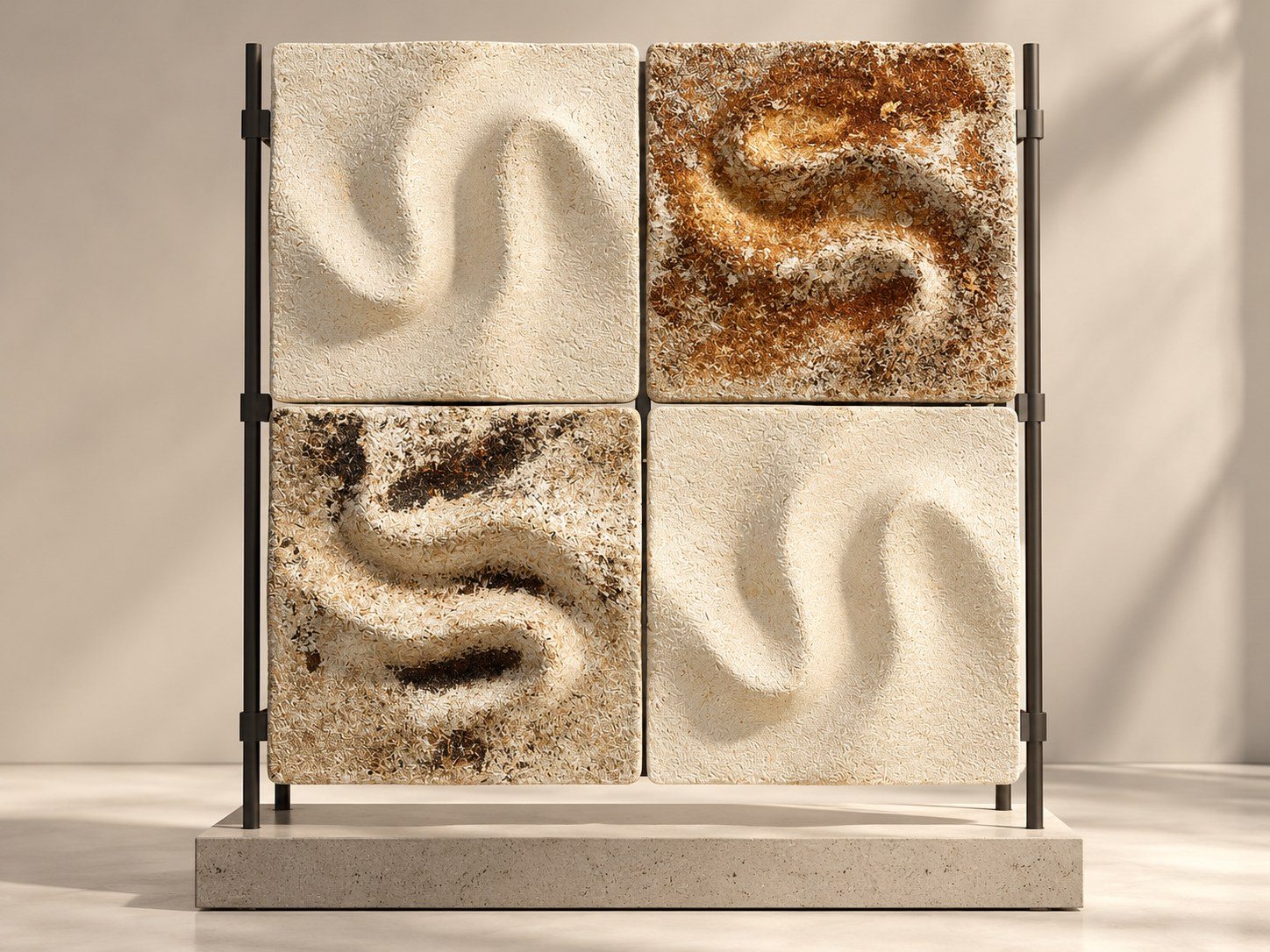 Four FOLD panels in a slim steel frame on a stone plinth, in cream, rust and dark tones