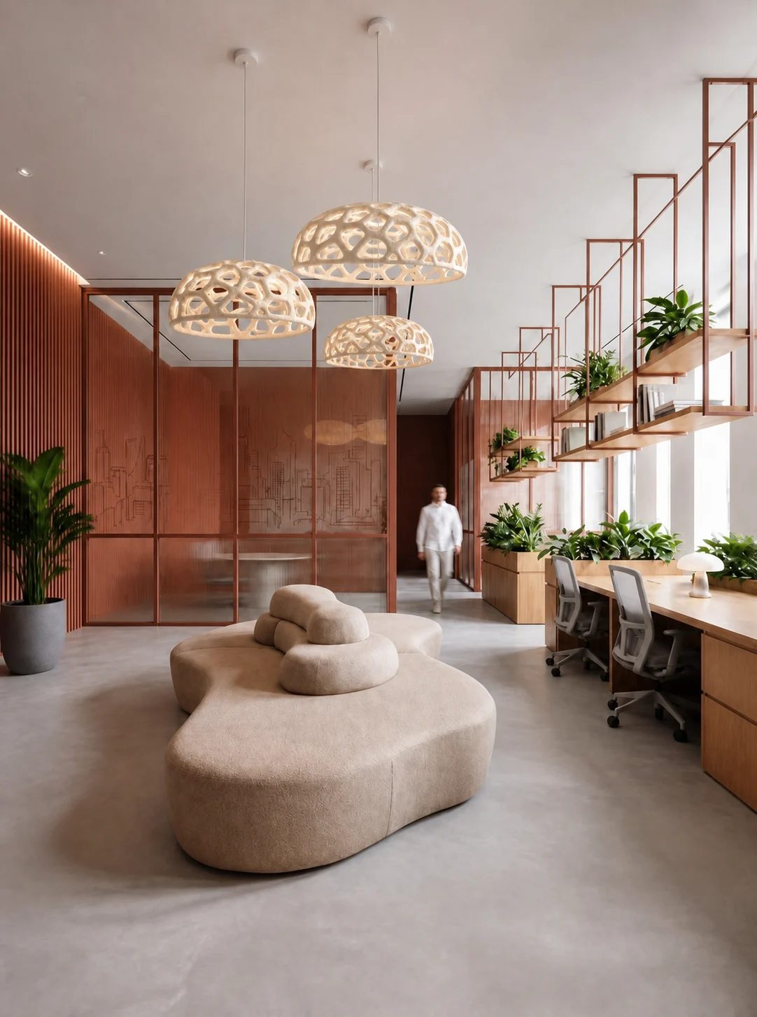 A row of Mushroomiya pendants above office work tables