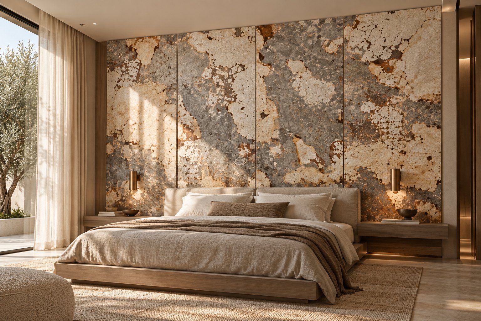 Grown veneer plates cladding the full wall behind a bed in a hotel suite