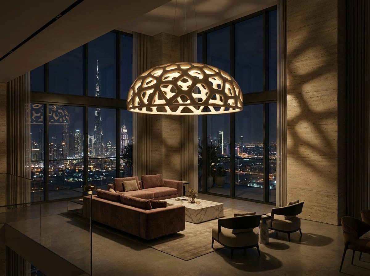 Mushroomiya lit at night above a lounge with a city view