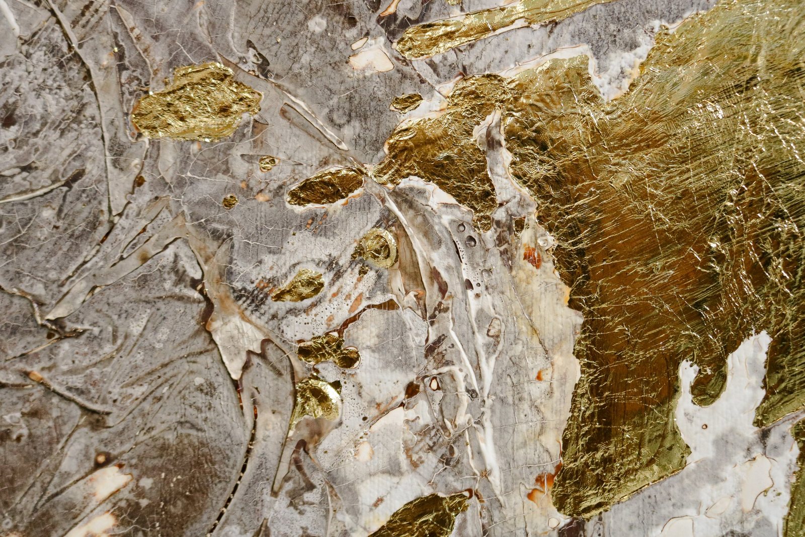 Gold leaf traced through the grey and white relief of a grown surface