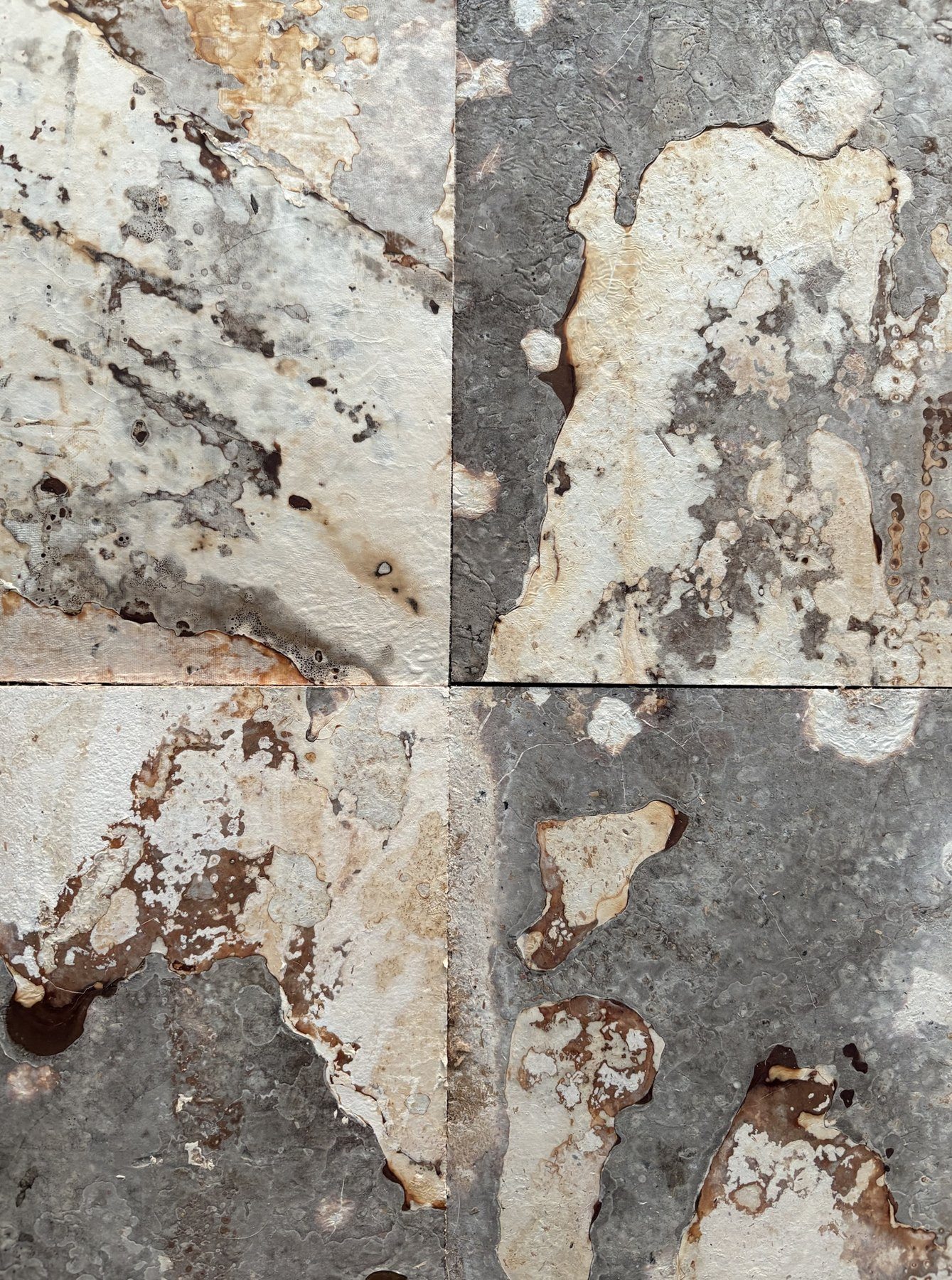 Four grown veneer plates with grey, cream and rust veining, laid edge to edge